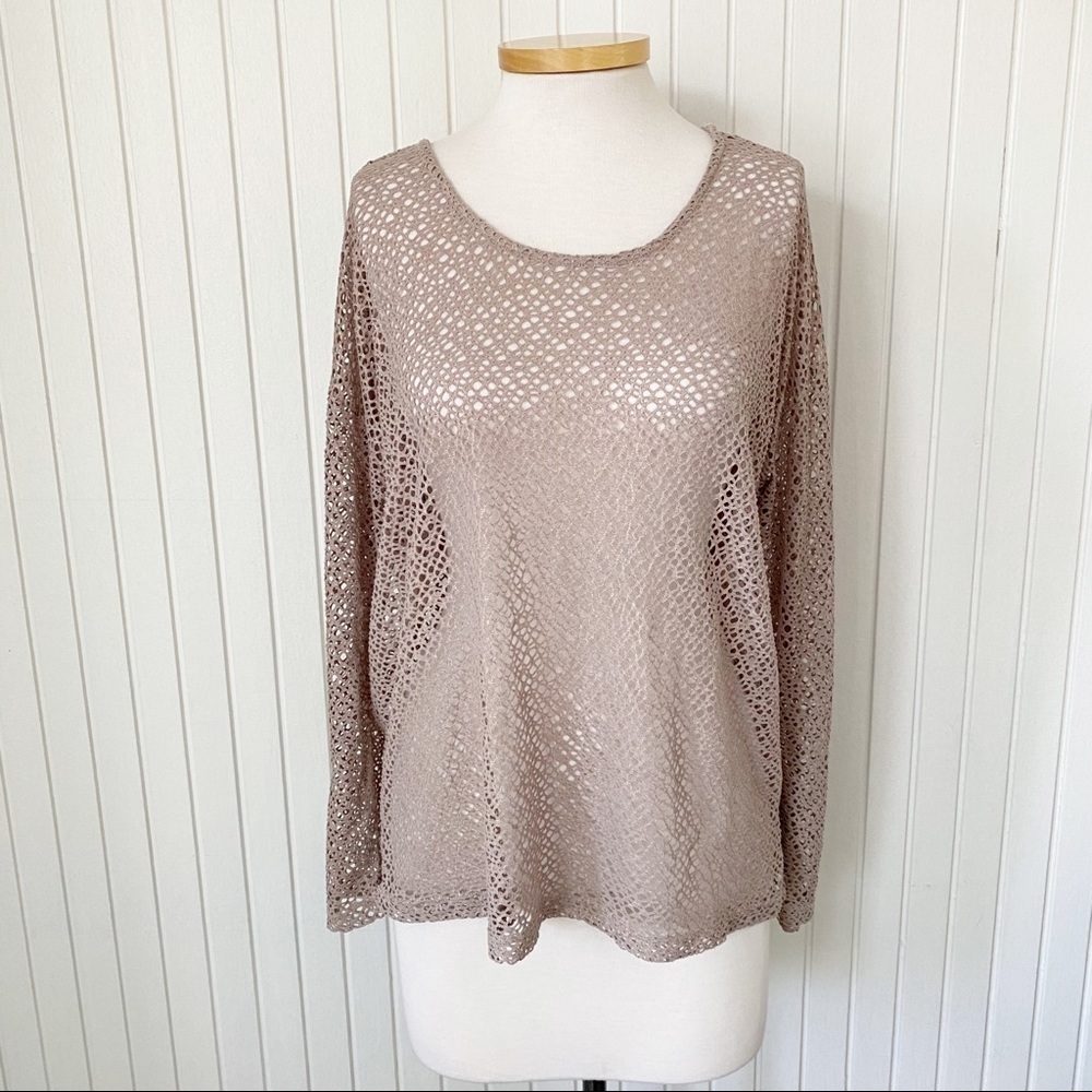Nude Beige Tan & Gold Fishnet Open Knit Pullover Sweater Top Long Sleeves